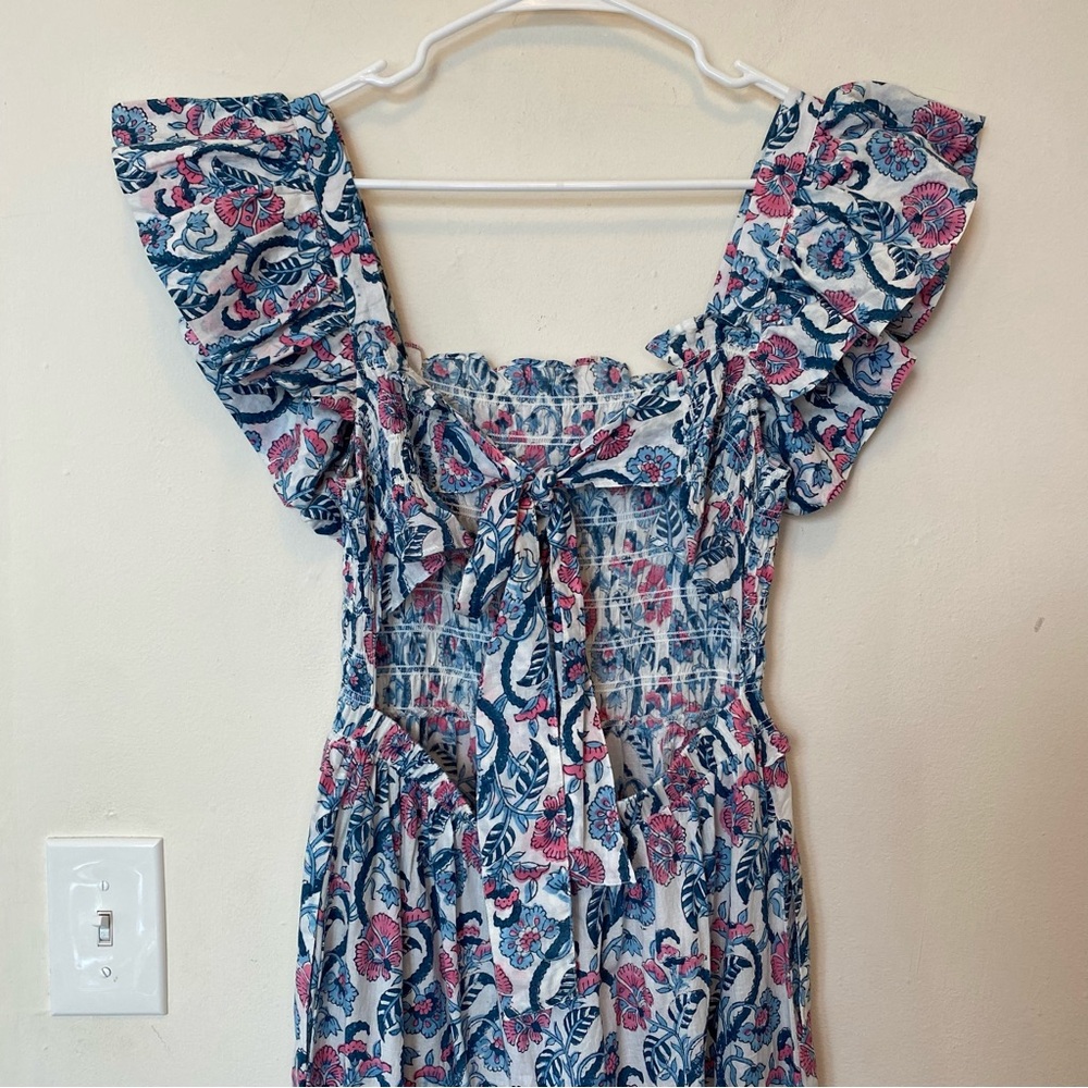 ANNA CATE Giselle Floral Block Print Ruffle Smocked Maxi Dress Blue/Pink Small - Picture 10 of 13